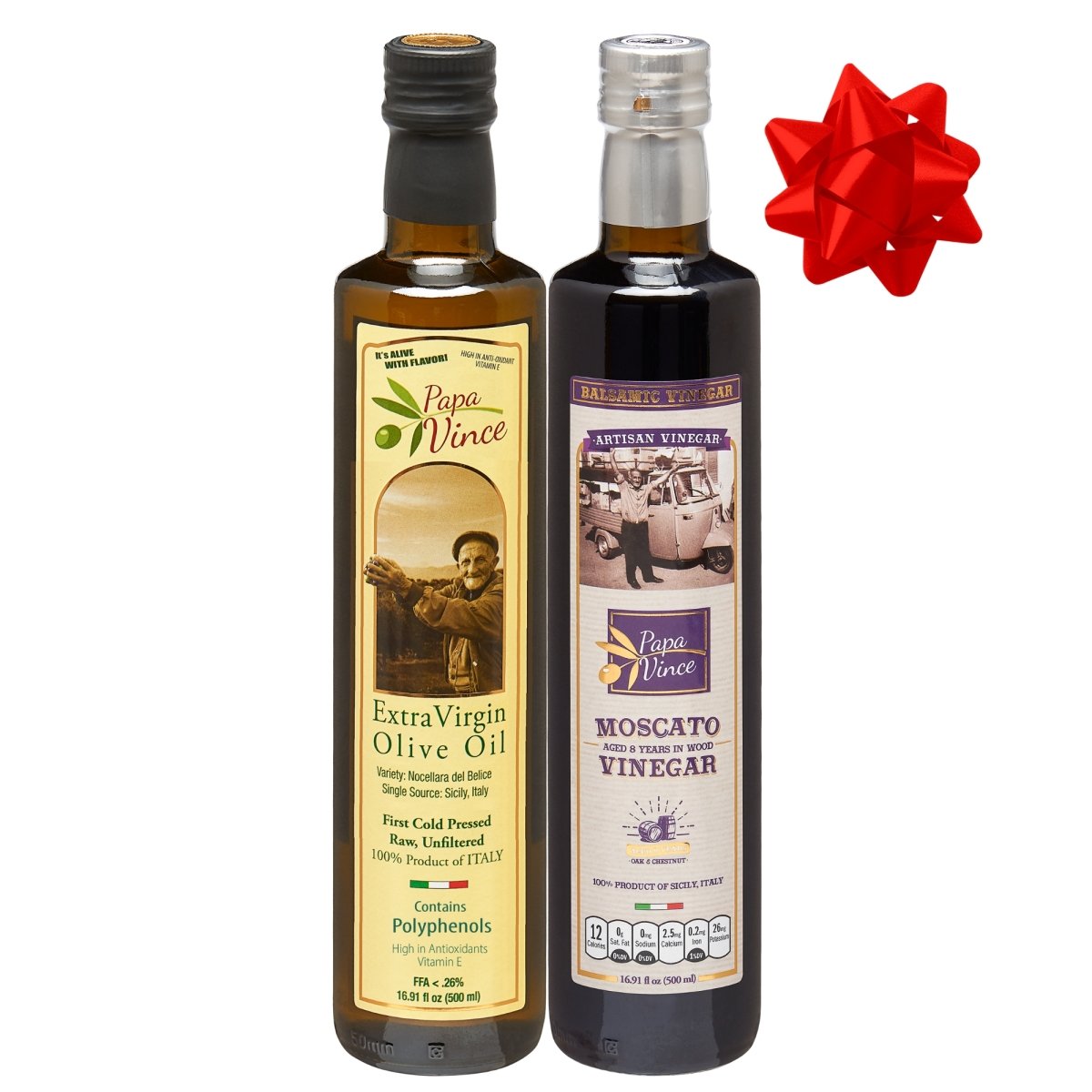 Extra Virgin Olive Oil & Balsamic Gift Set from Sicily, Italy - Unblended, First Cold Pressed Dec 2021/22 | 8-years aged in wood | made by our family in Sicily | VEGAN, KETO, PALEO | Gift Set for men and women | 16.91 fl oz each - Papa Vince