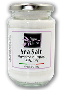 Thumbnail for Fine Sea Salt harvested in Trapani, Sicily - Clean Food, NO CHEMICALLY PROCESSED | UNREFINED | GLUTEN FREE | ADDITIVE FREE | NO ANTI-CAKING | Vibrant Clean Flavor | Stored in glass for freshness | 15.87 oz - Papa Vince