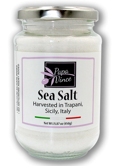 Fine Sea Salt harvested in Trapani, Sicily - Clean Food, NO CHEMICALLY PROCESSED | UNREFINED | GLUTEN FREE | ADDITIVE FREE | NO ANTI-CAKING | Vibrant Clean Flavor | Stored in glass for freshness | 15.87 oz - Papa Vince