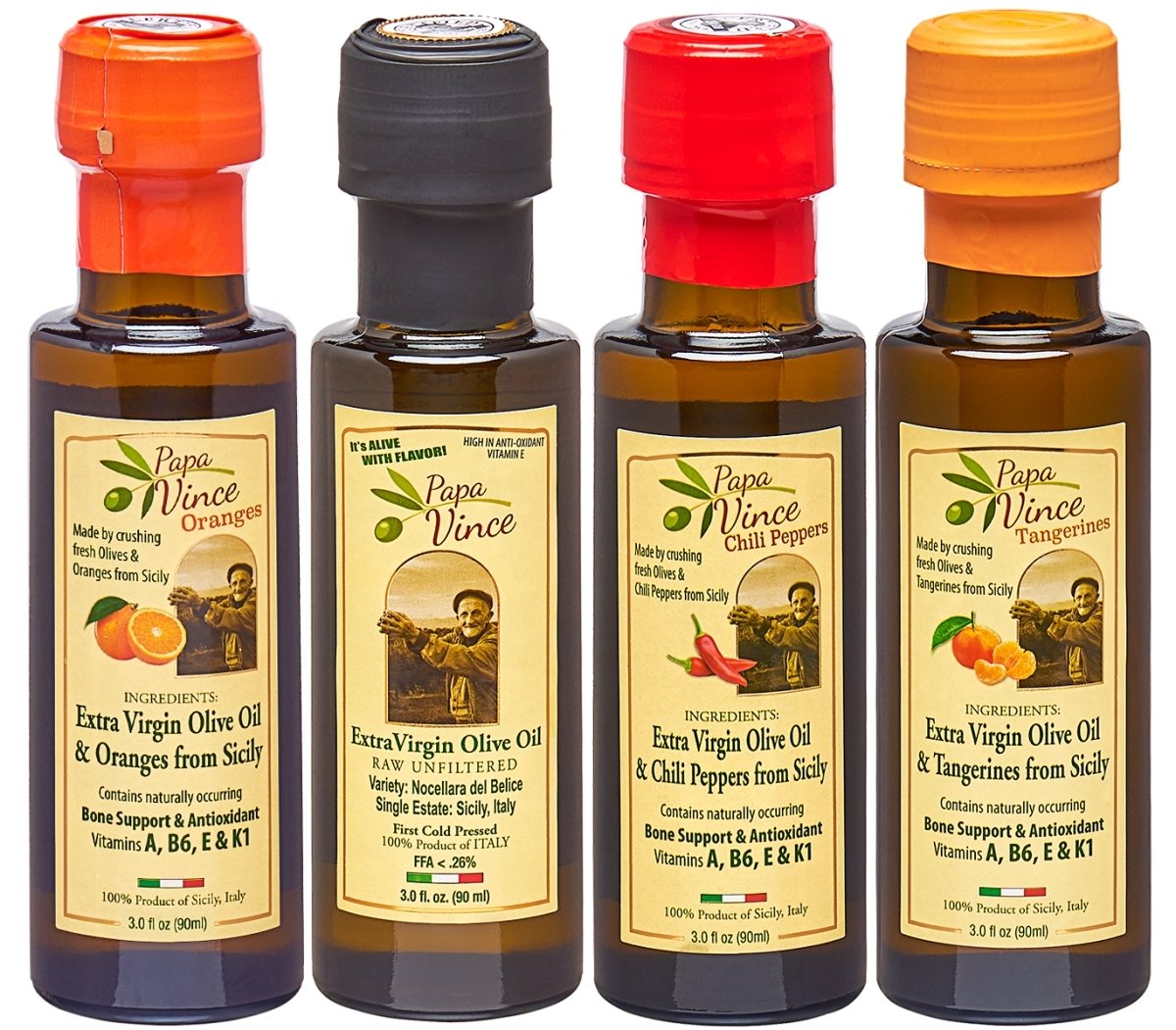 Flavored Olive Oil Extra Virgin 4 Set from Sicily - Original, Chili, Orange, Tangerine Infused Olive Oil Gift | Papa Vince | 3 fl oz each - Papa Vince