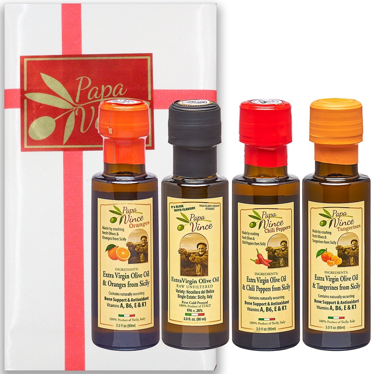 Flavored Olive Oil Extra Virgin 4 Set from Sicily - Original, Chili, Orange, Tangerine Infused Olive Oil Gift | Papa Vince | 3 fl oz each - Papa Vince