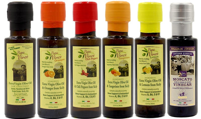 Flavored Olive Oil Extra Virgin Set from Sicily - Chili Pepper, Orange, Tangerine, Lemon, Classic Agrumato Olive Oil Gift Set with Balsamic Vinegar | Papa Vince | 3 fl oz each - Papa Vince