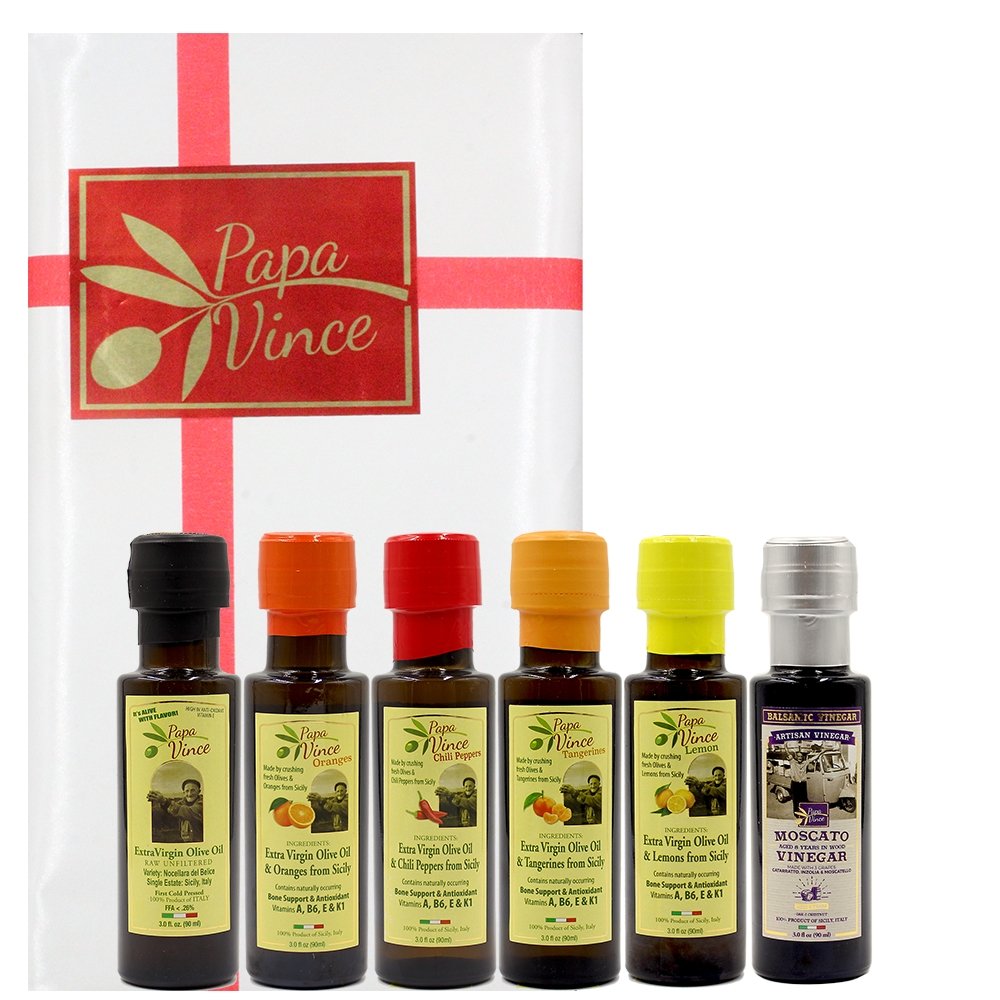 Flavored Olive Oil Extra Virgin Set from Sicily - Chili Pepper, Orange, Tangerine, Lemon, Classic Agrumato Olive Oil Gift Set with Balsamic Vinegar | Papa Vince | 3 fl oz each - Papa Vince