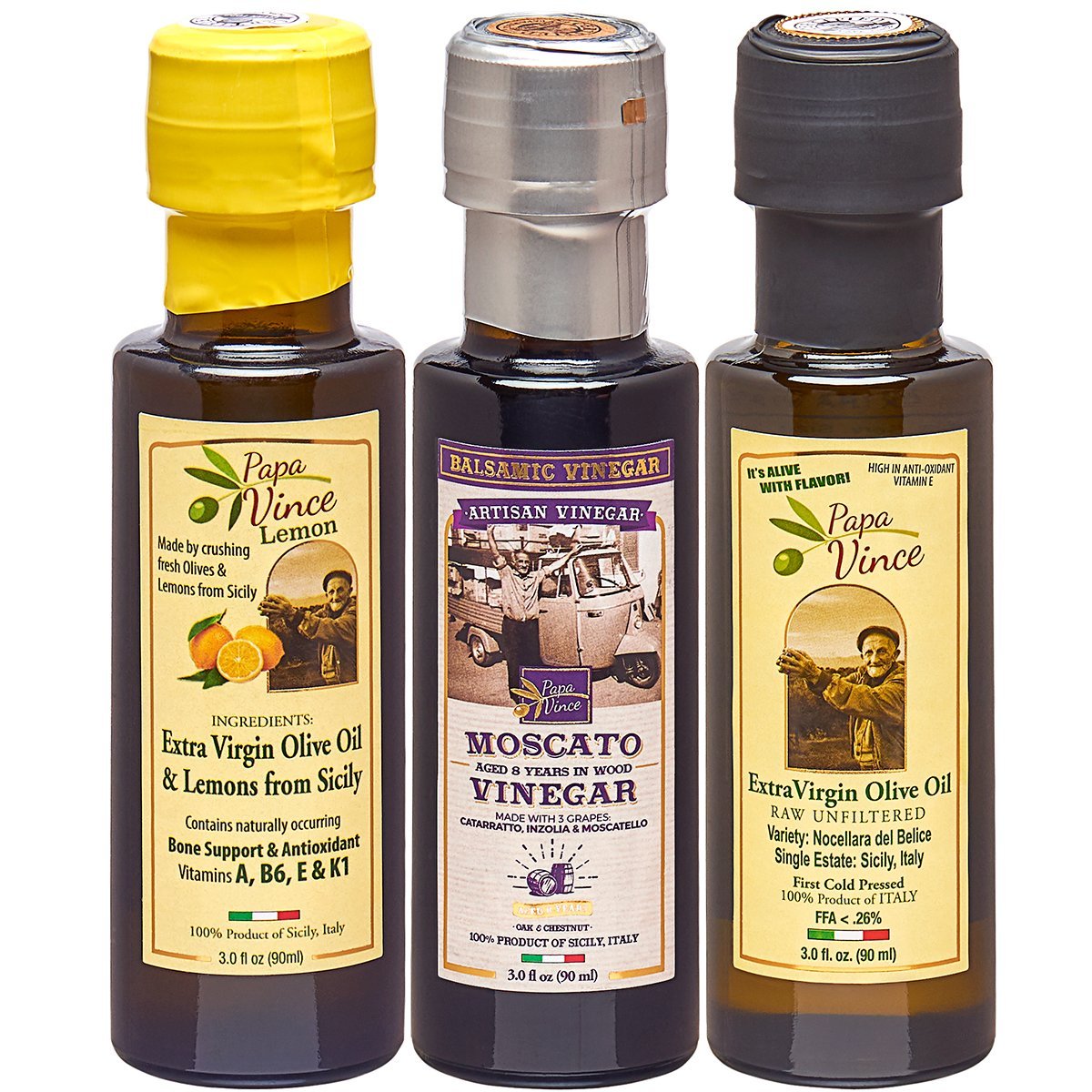 Flavored Olive Oil Gift Set from Sicily - Lemon & Classic Extra Virgin Olive Oil, Balsamic Vinegar - Papa Vince - Papa Vince