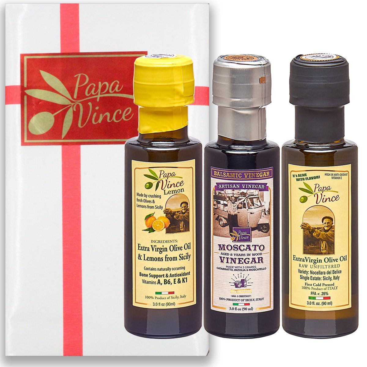 Flavored Olive Oil Gift Set from Sicily - Lemon & Classic Extra Virgin Olive Oil, Balsamic Vinegar - Papa Vince - Papa Vince