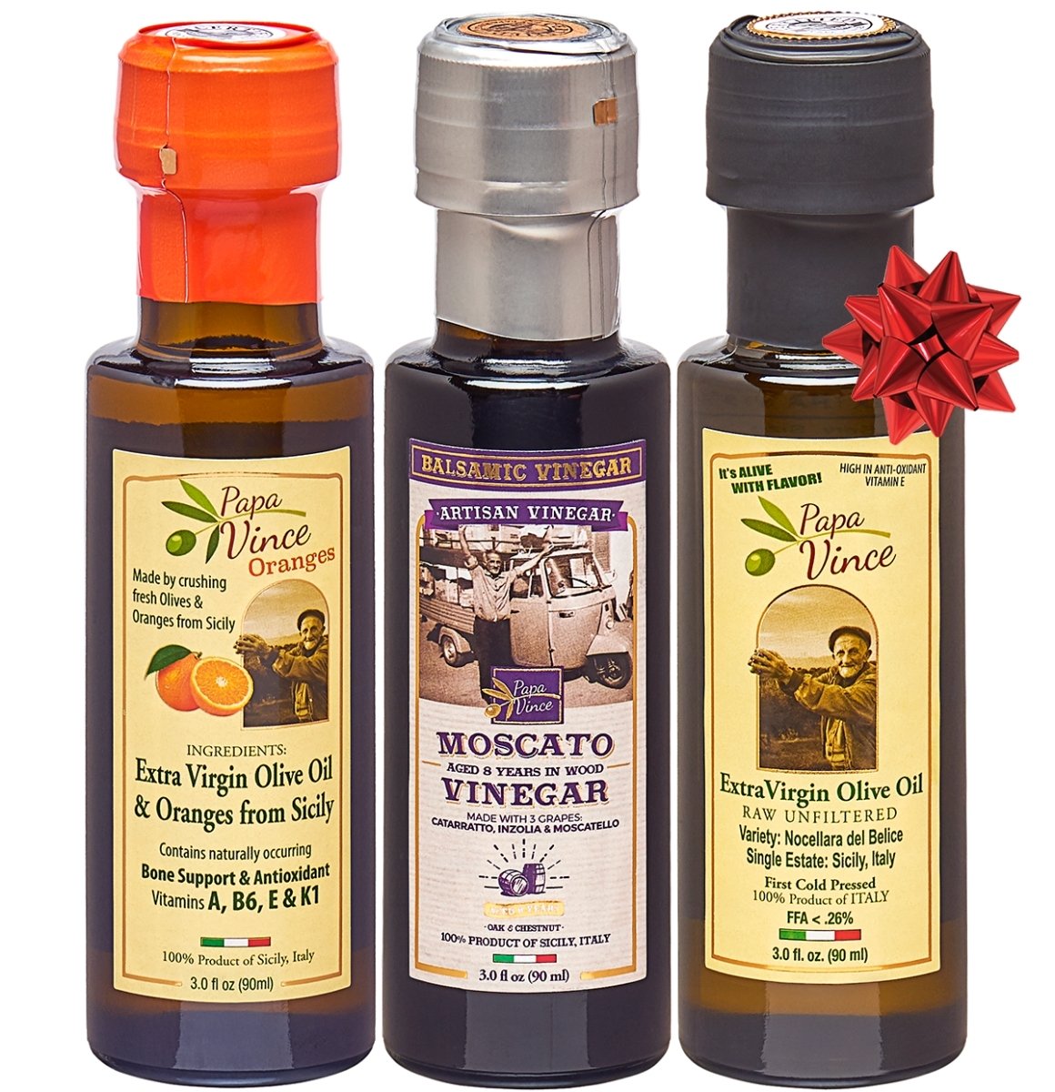 Flavored Olive Oil Gift Set from Sicily - Orange & Classic Extra Virgin Olive Oil, Balsamic Vinegar - Papa Vince - Papa Vince