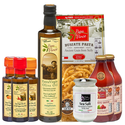FOOD GIFT BASKET made by our family in Sicily from Gourmet ingredients grown in Italy. Ancient Grain Pasta, Low Acid Tomato Sauce, Lemon Orange Chili Olive Oil, Sea Salt VEGAN, KETO. No Pesticide - Papa Vince