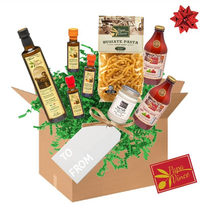 FOOD GIFT BASKET made by our family in Sicily from Gourmet ingredients grown in Italy. Ancient Grain Pasta, Low Acid Tomato Sauce, Lemon Orange Chili Olive Oil, Sea Salt VEGAN, KETO. No Pesticide - Papa Vince