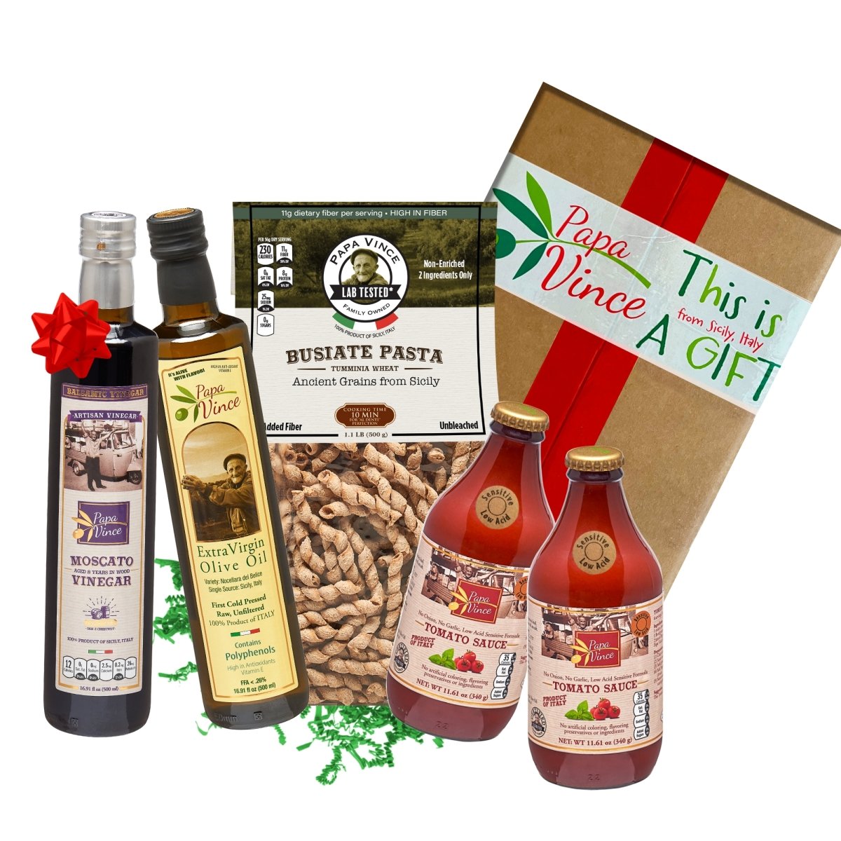 Gourmet Clean Food Basket from Sicily Gift - Farm Fresh Items from Italy | Extra Virgin Olive Oil, Moscato Balsamic Vinegar, Busiate Tumminia Pasta, Cherry Tomato Sauce | Papa Vince - Papa Vince