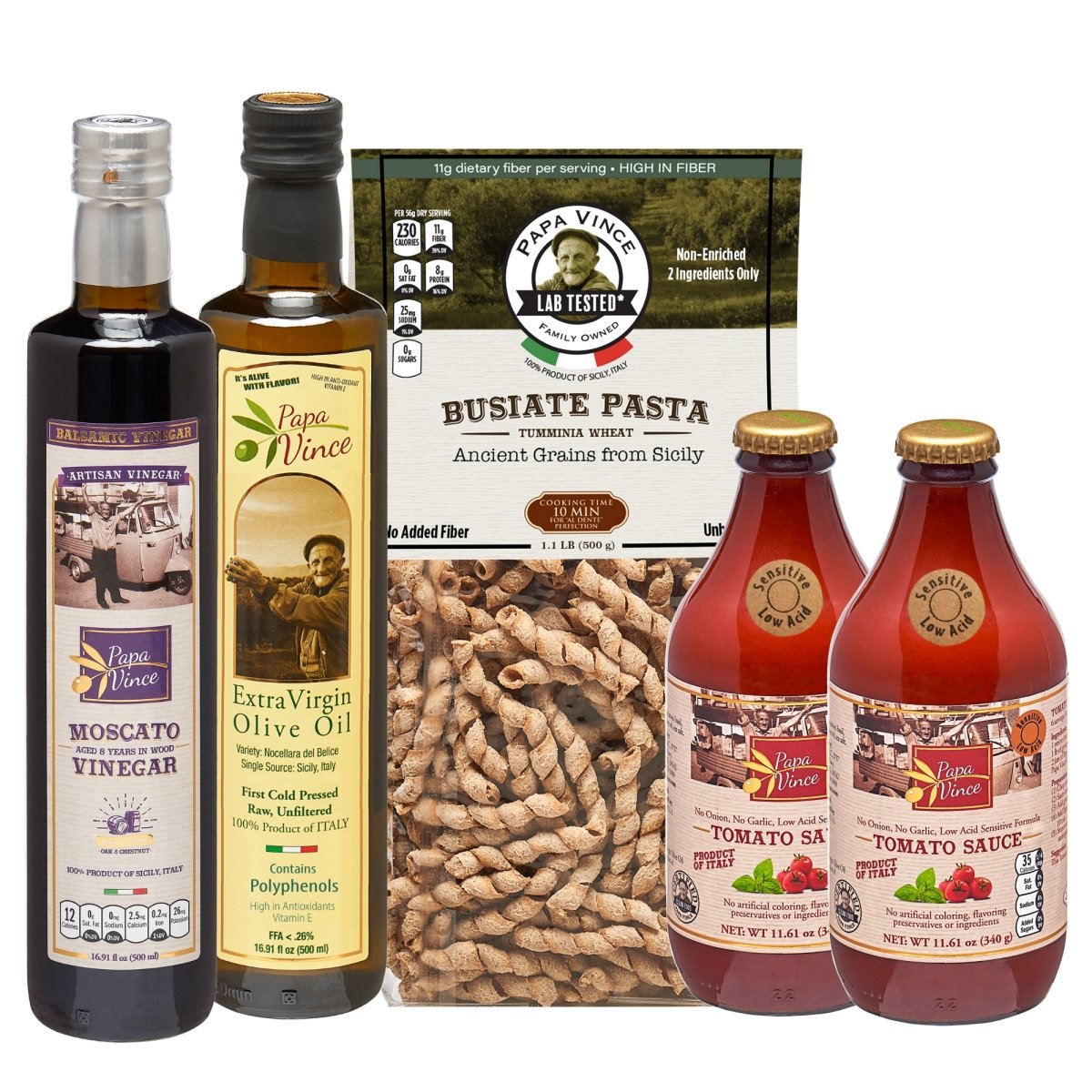 Gourmet Clean Food Basket from Sicily Gift - Farm Fresh Items from Italy | Extra Virgin Olive Oil, Moscato Balsamic Vinegar, Busiate Tumminia Pasta, Cherry Tomato Sauce | Papa Vince - Papa Vince