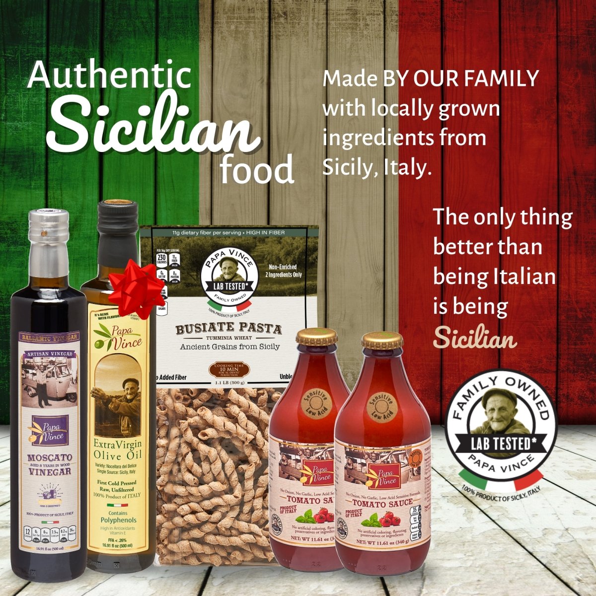 Gourmet Clean Food Basket from Sicily Gift - Farm Fresh Items from Italy | Extra Virgin Olive Oil, Moscato Balsamic Vinegar, Busiate Tumminia Pasta, Cherry Tomato Sauce | Papa Vince - Papa Vince