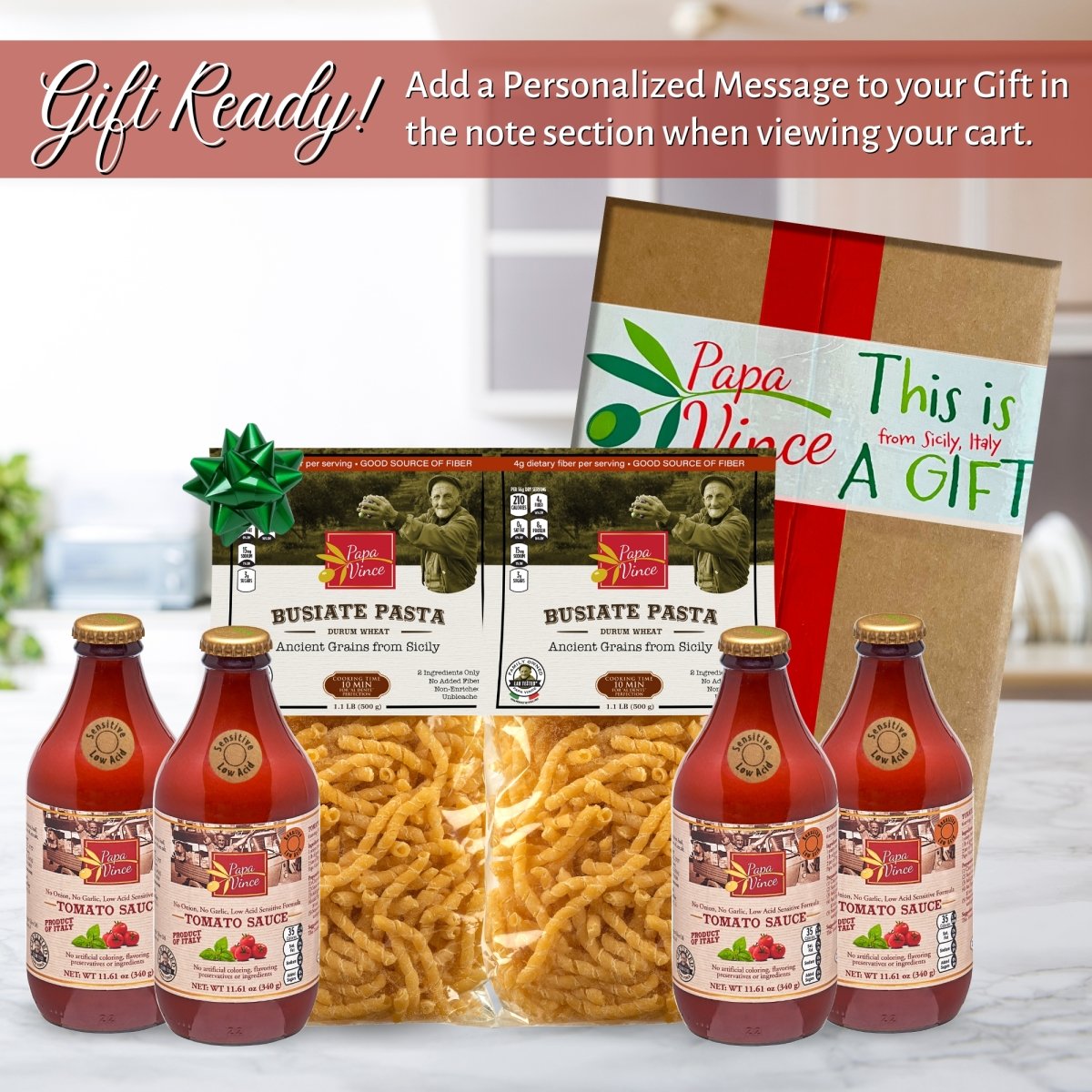 Gourmet Gift Clean Food Basket from Sicily - Farm Fresh from Artisans in Italy, Busiate Homemade Pasta & Cherry Tomato Sauce | Papa Vince - Papa Vince