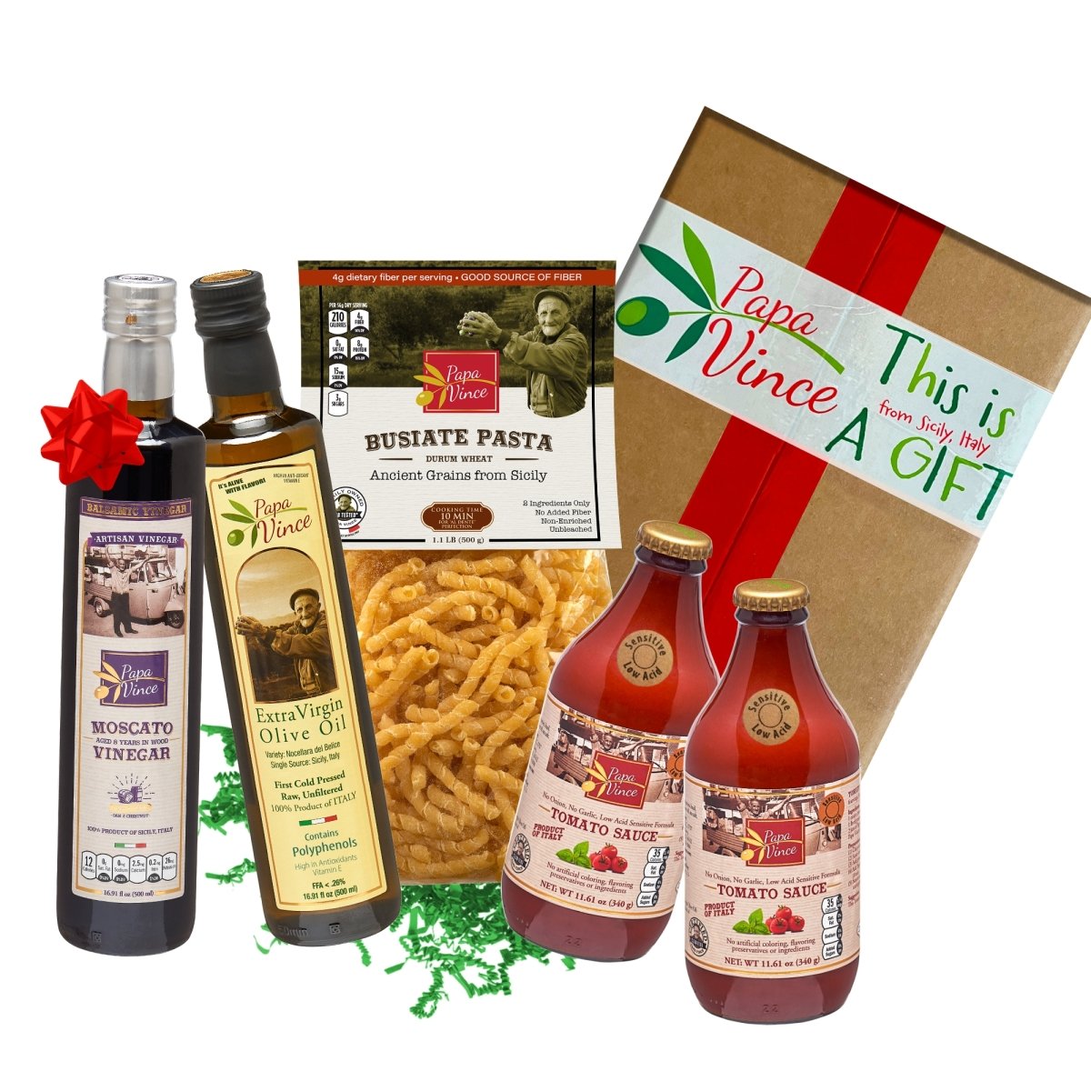 Gourmet Italian Food in Gift Box - made by our family in Italy from organic ingredients locally grown in Sicily. Authentic Pasta Texture, Genuine Tomato Sauce, Peppery EVOO bring you back to Italy - Papa Vince