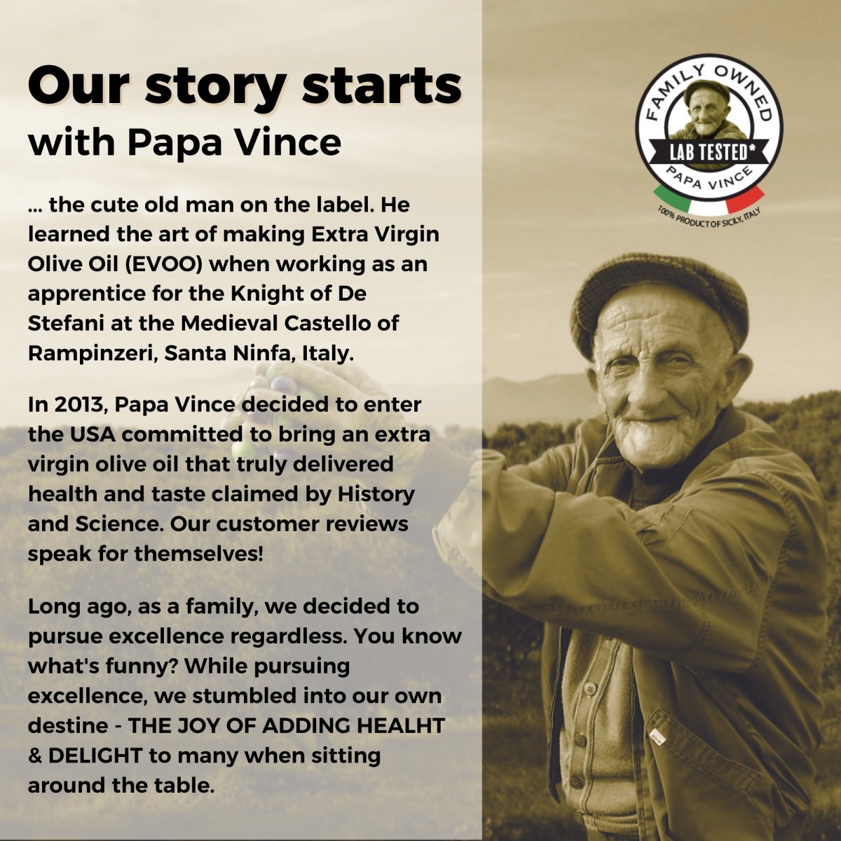 Gourmet Italian Food in Gift Box - made by our family in Italy from organic ingredients locally grown in Sicily. Authentic Pasta Texture, Genuine Tomato Sauce, Peppery EVOO bring you back to Italy - Papa Vince