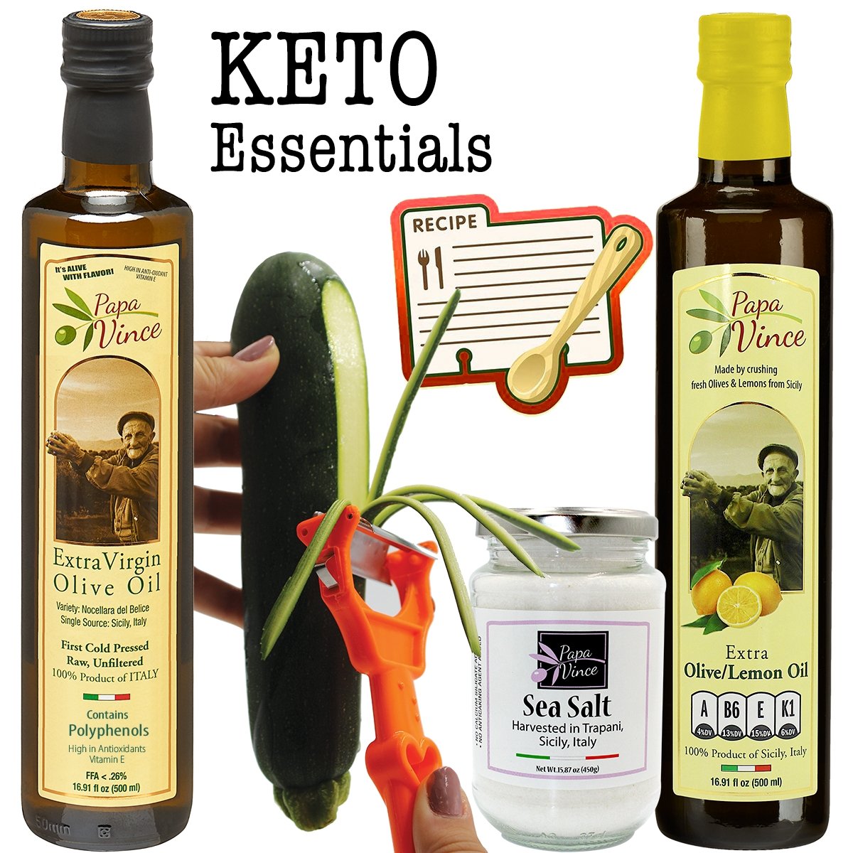Keto Essentials Kit - Extra Virgin Olive Oil Original & Lemon, Trapani Sea Salt, Vegetable Peeler HANDHELD ALL IN ONE Stainless Steel Kitchen Tool + Recipes - Papa Vince