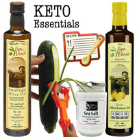 Thumbnail for Keto Essentials Kit - Extra Virgin Olive Oil Original & Lemon, Trapani Sea Salt, Vegetable Peeler HANDHELD ALL IN ONE Stainless Steel Kitchen Tool + Recipes - Papa Vince