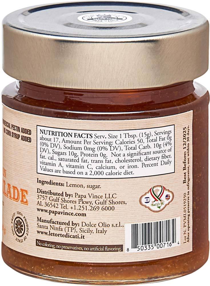 Lemon Marmalade Preserve Clean Food, Family Made with locally grown lemons in Sicily, Italy - NO ARTIFICIAL FLAVORING | NO PRESERVATIVES | NO COLORING | NO CONCENTRATES | NO CORN SYRUP | NO COMMERCIAL PECTIN | 8.82 oz - Papa Vince