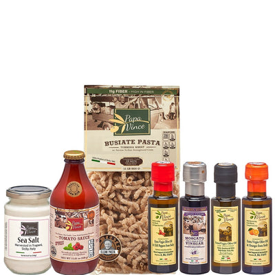 Love Sicily Food Basket Gift- Clean Gourmet Food made by our family in Sicily, Italy. Extra Virgin Olive Oil, Balsamic Vinegar, Ancient Grain Tumminia Pasta, Cherry Tomato Sauce, Orange & Chili Agrumato EVOO - Papa Vince