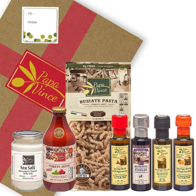 Love Sicily Food Basket Gift- Clean Gourmet Food made by our family in Sicily, Italy. Extra Virgin Olive Oil, Balsamic Vinegar, Ancient Grain Tumminia Pasta, Cherry Tomato Sauce, Orange & Chili Agrumato EVOO - Papa Vince