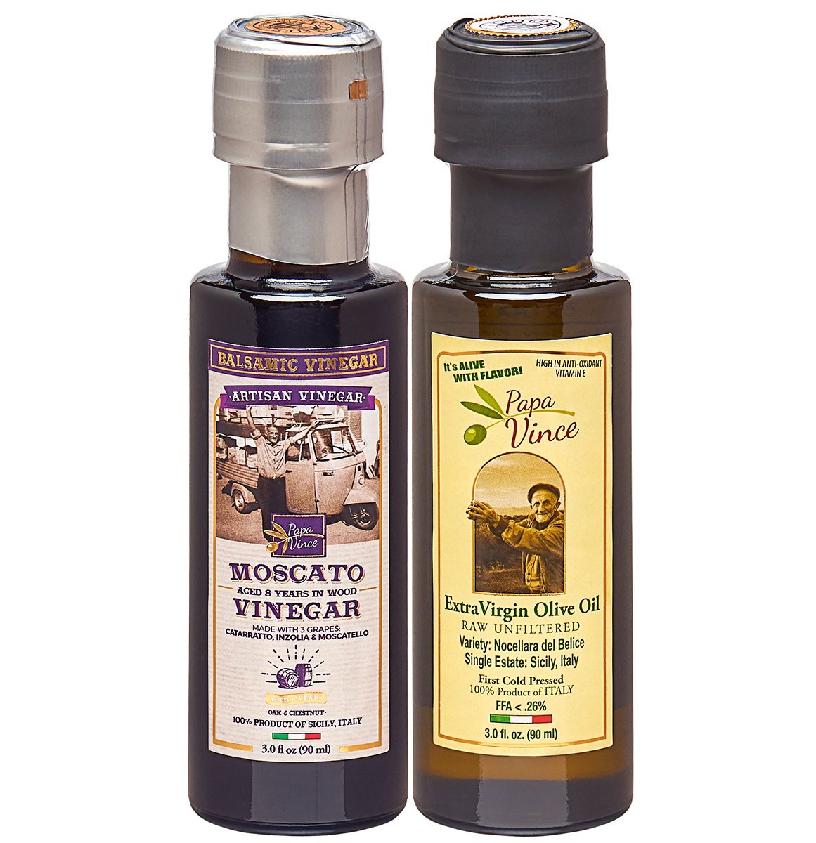 Olive Oil Set from Sicily - Extra Virgin Olive Oil & Moscato Balsamic Vinegar Gift from Italy | EVOO First Cold Pressed | Balsamic Vinegar Aged 8-years | Papa Vince | 3 fl oz bottles - Papa Vince