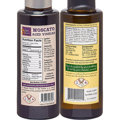 Olive Oil Set from Sicily - Extra Virgin Olive Oil & Moscato Balsamic Vinegar Gift from Italy | EVOO First Cold Pressed | Balsamic Vinegar Aged 8-years | Papa Vince | 3 fl oz bottles - Papa Vince
