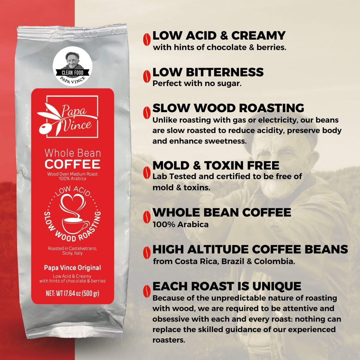 Papa Vince Low Acid Coffee Beans Whole - Mold Free, Low Bitterness, 100% Arabica Medium Roasted in Sicily. Strong, creamy with hints of chocolate and berries. Perfect with no sugar. Certified Clean - Papa Vince
