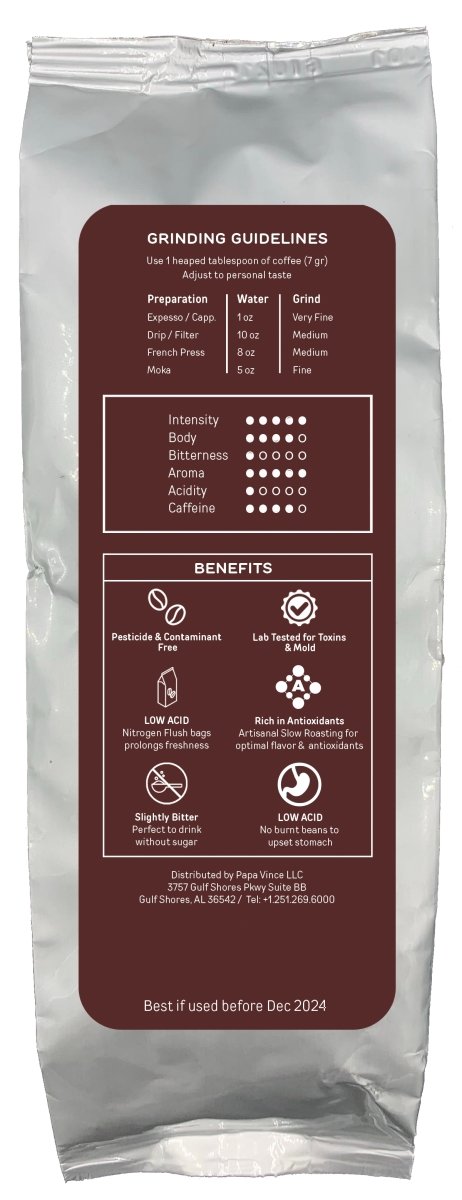 Papa Vince Toxin Free Coffee Whole Bean - roasted in Sicily by local artisans. Low Acid Medium Roast Robusta Arabica Blend, Strong & Creamy, hints of hazelnuts & cacao. Low Bitterness, perfect with no sugar - Papa Vince