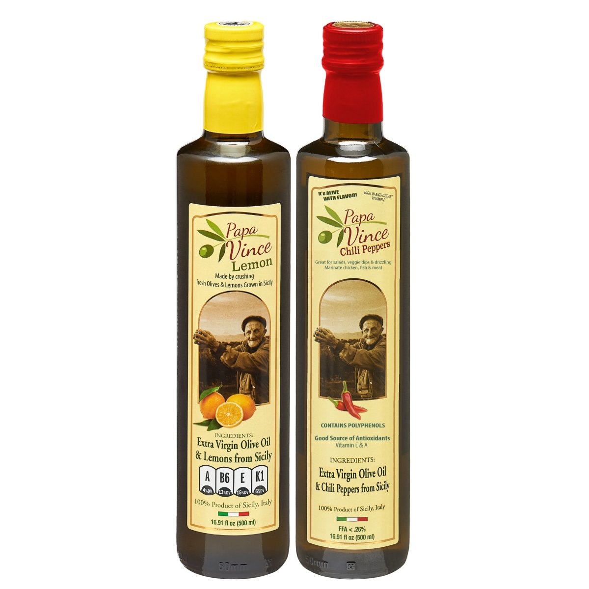 Polyphenol Rich Olive Oil Extra Virgin from Sicily, Italy. Chili Pepper & Lemon Fused Olive Oil. Agrumato, Unblended, First Cold Pressed, Single Sourced, Unfiltered, Unrefined, Robust, Mild hot finish, High in Antioxidants EVOO Gift Set - Papa Vince