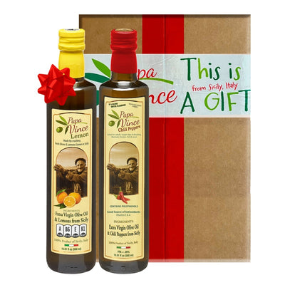Polyphenol Rich Olive Oil Extra Virgin from Sicily, Italy. Chili Pepper & Lemon Fused Olive Oil. Agrumato, Unblended, First Cold Pressed, Single Sourced, Unfiltered, Unrefined, Robust, Mild hot finish, High in Antioxidants EVOO Gift Set - Papa Vince